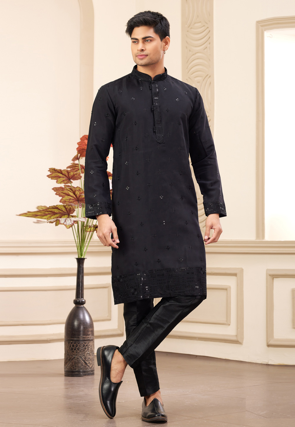 Black Art Silk Kurta Pajama 308555