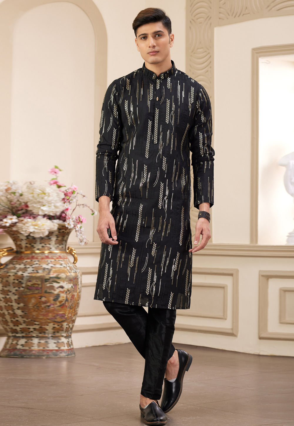 Black Art Silk Kurta Pajama 308560