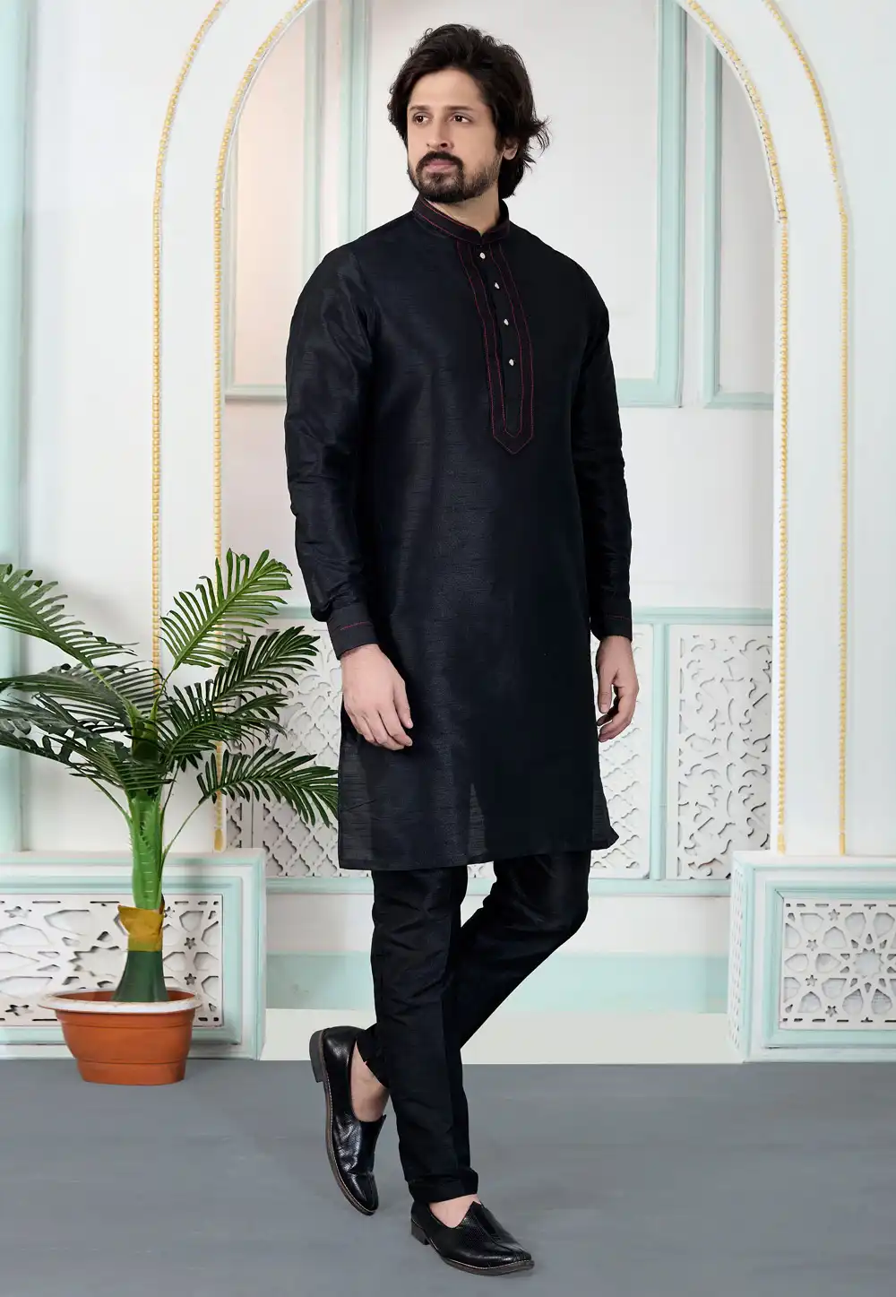 Black Art Silk Kurta Pajama 323394