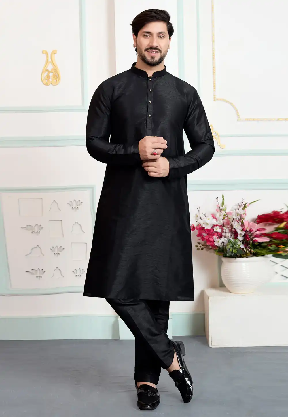Black Art Silk Kurta Pajama 323402