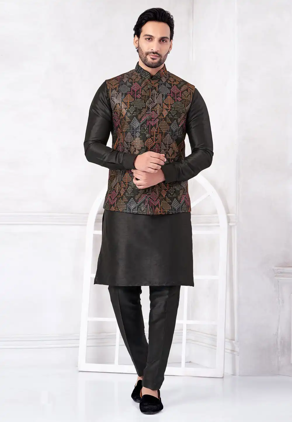 Black Art Silk Kurta Pajama With Jacket 322338