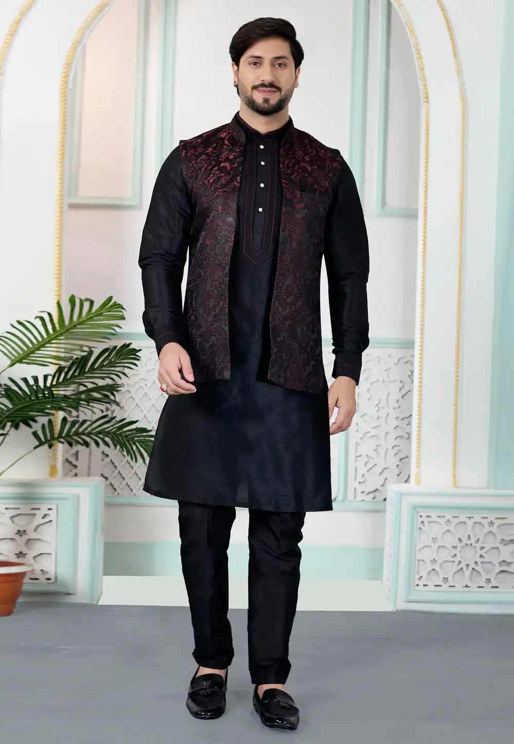 Black Art Silk Kurta Pajama With Jacket 323376