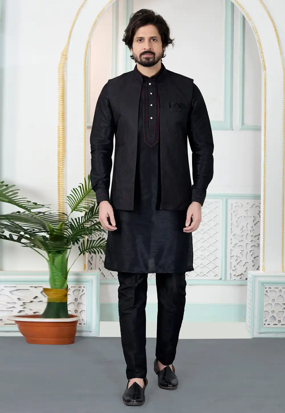 Black Art Silk Kurta Pajama With Jacket 323378