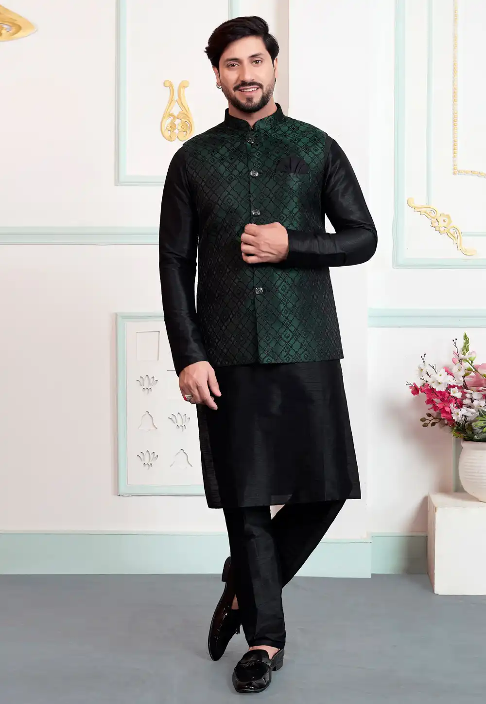 Black Art Silk Kurta Pajama With Jacket 323386