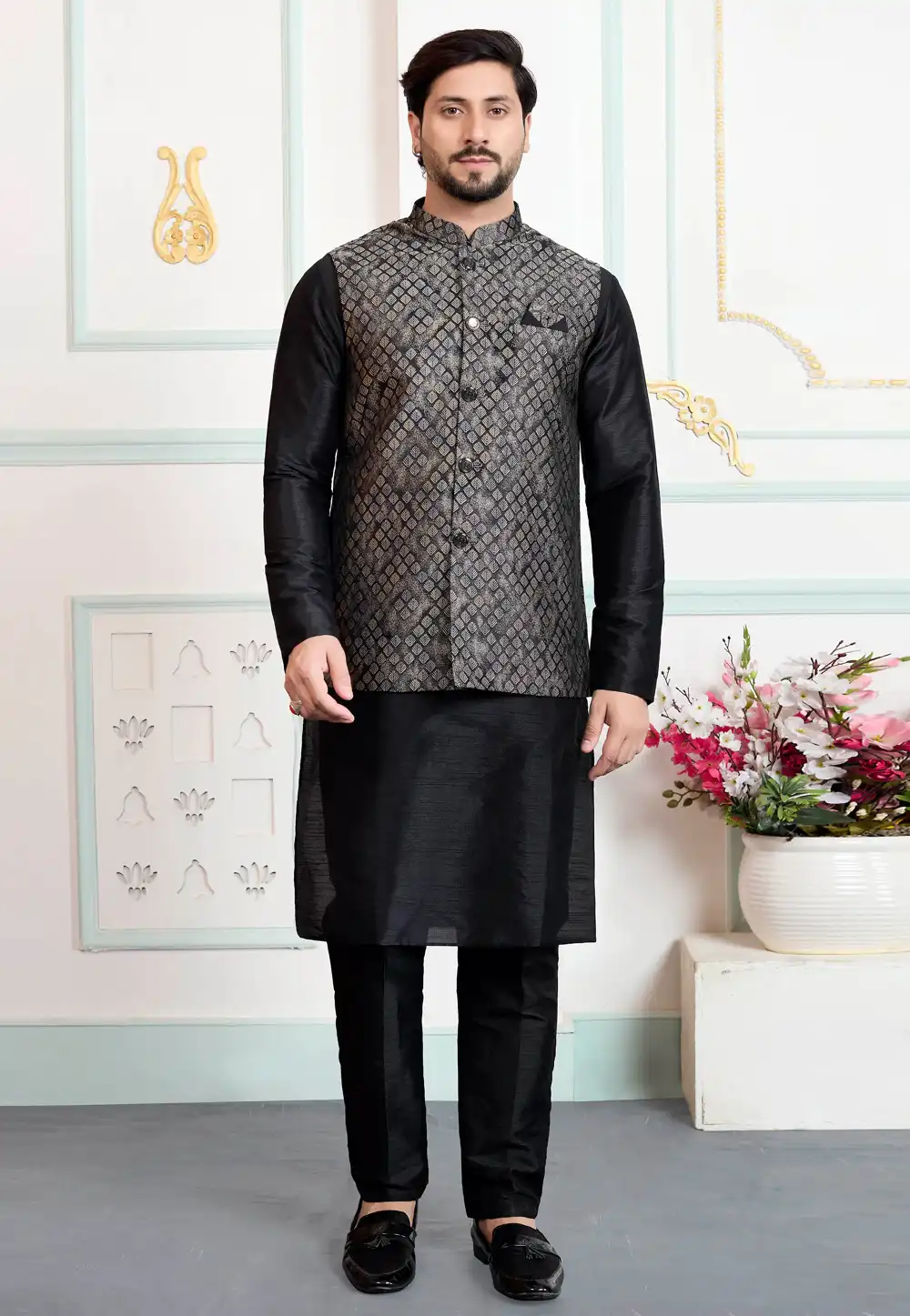 Black Art Silk Kurta Pajama With Jacket 323387