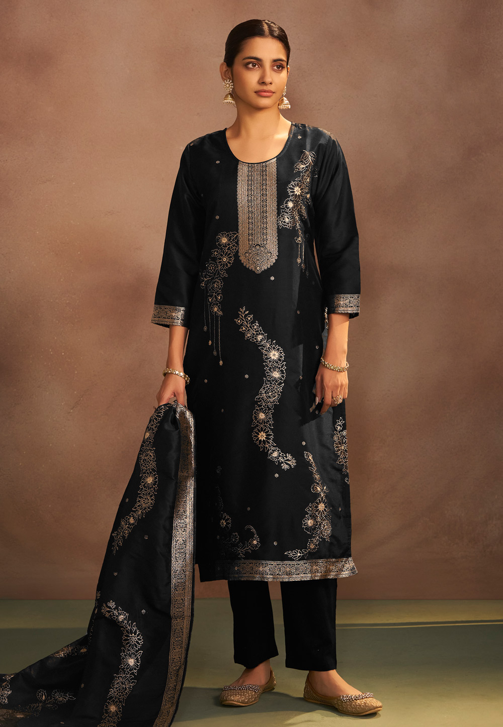 Black Art Silk Readymade Pakistani Suit 321864