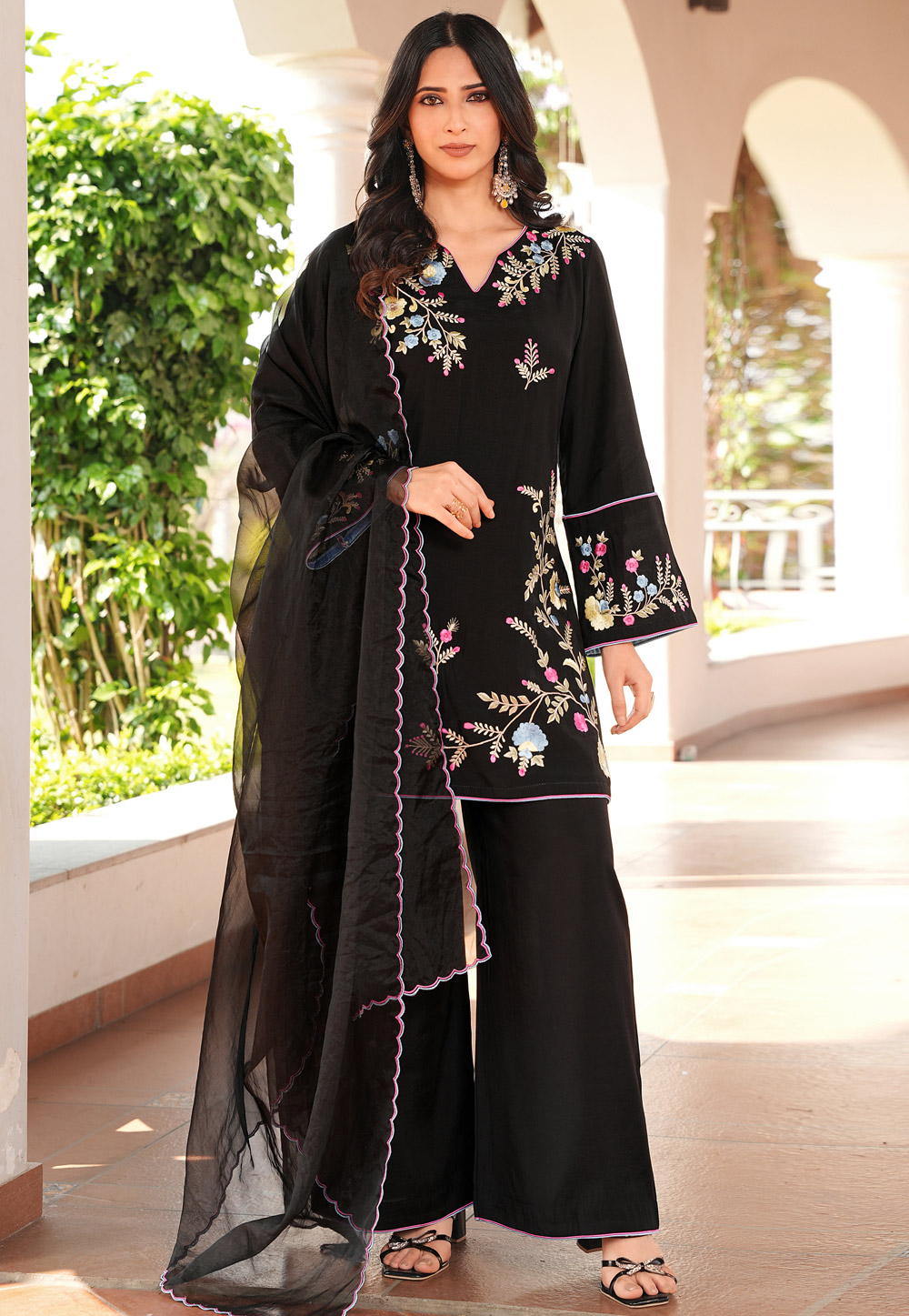 Black Art Silk Readymade Palazzo Suit 325034