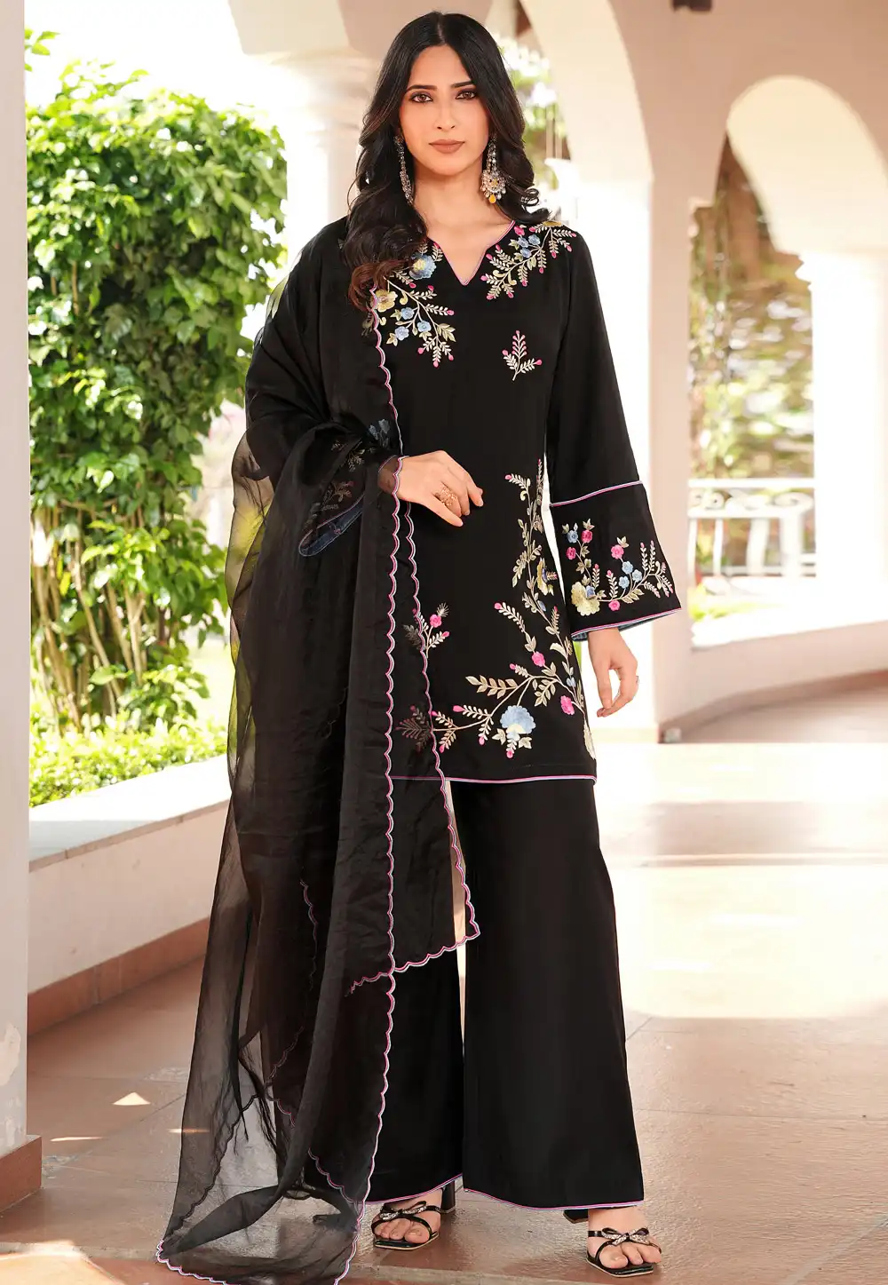 Black Art Silk Readymade Palazzo Suit 325034