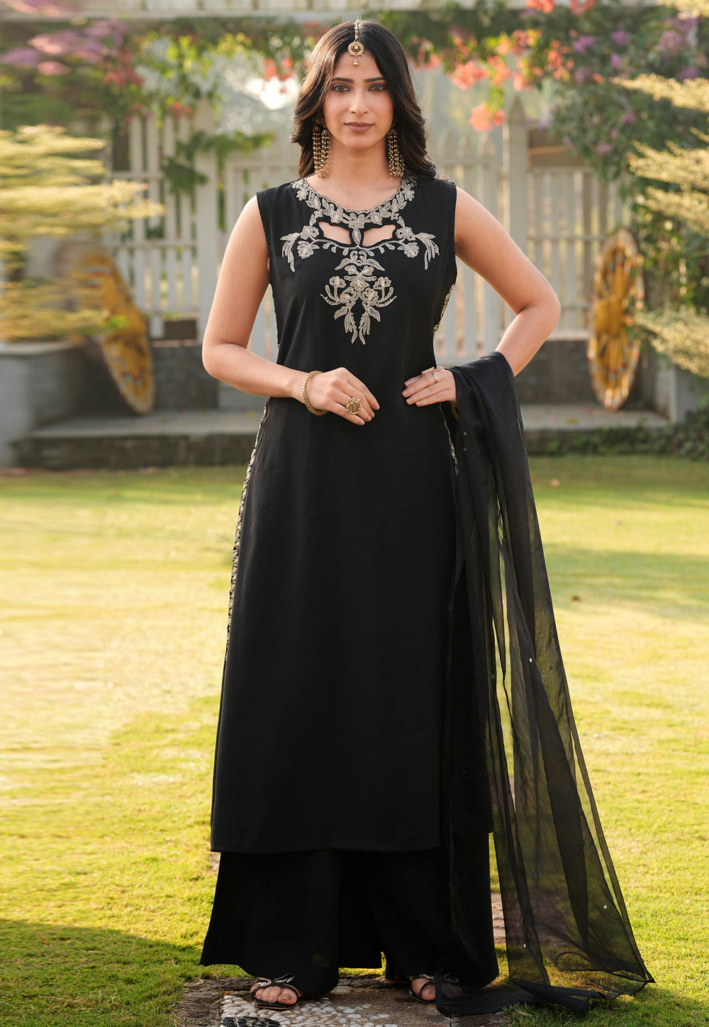 Black Art Silk Readymade Palazzo Suit 325070