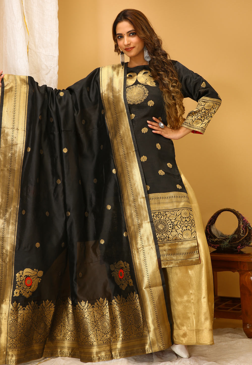 Black Art Silk Readymade Palazzo Suit 280408