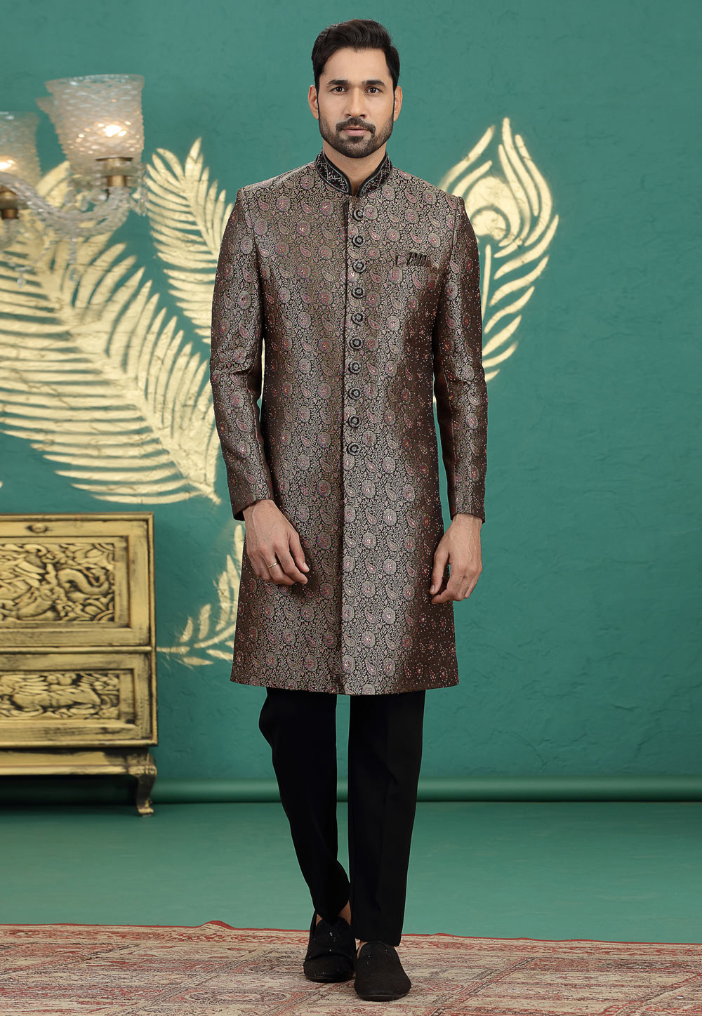 Black Banarasi Jacquard Achkan Style Sherwani 319016