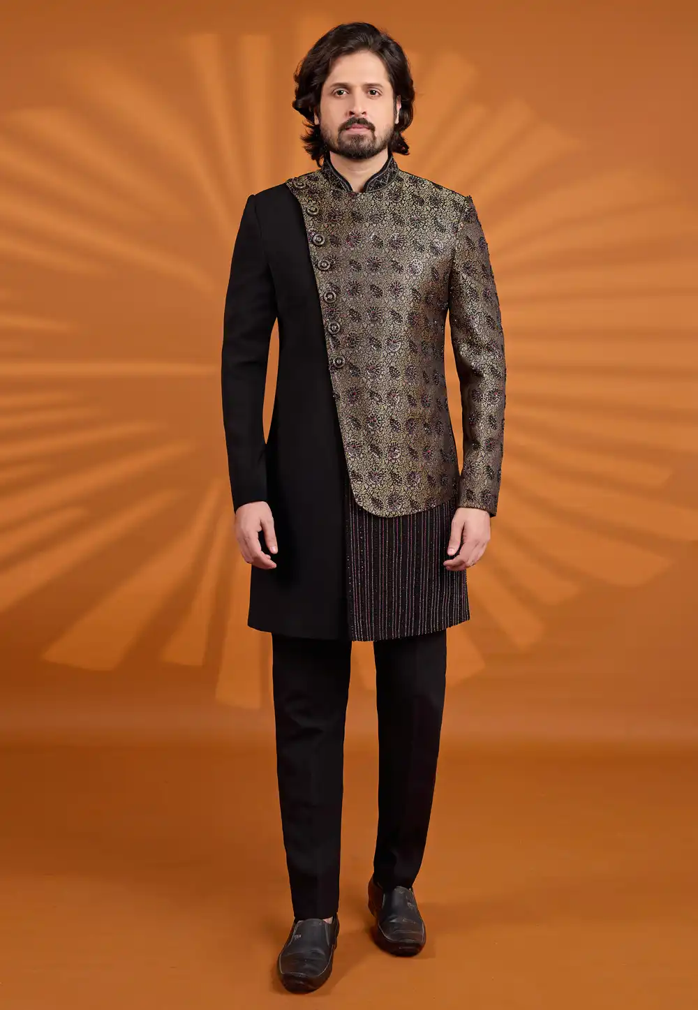 Black Banarasi Jacquard Indo Western Sherwani 330252