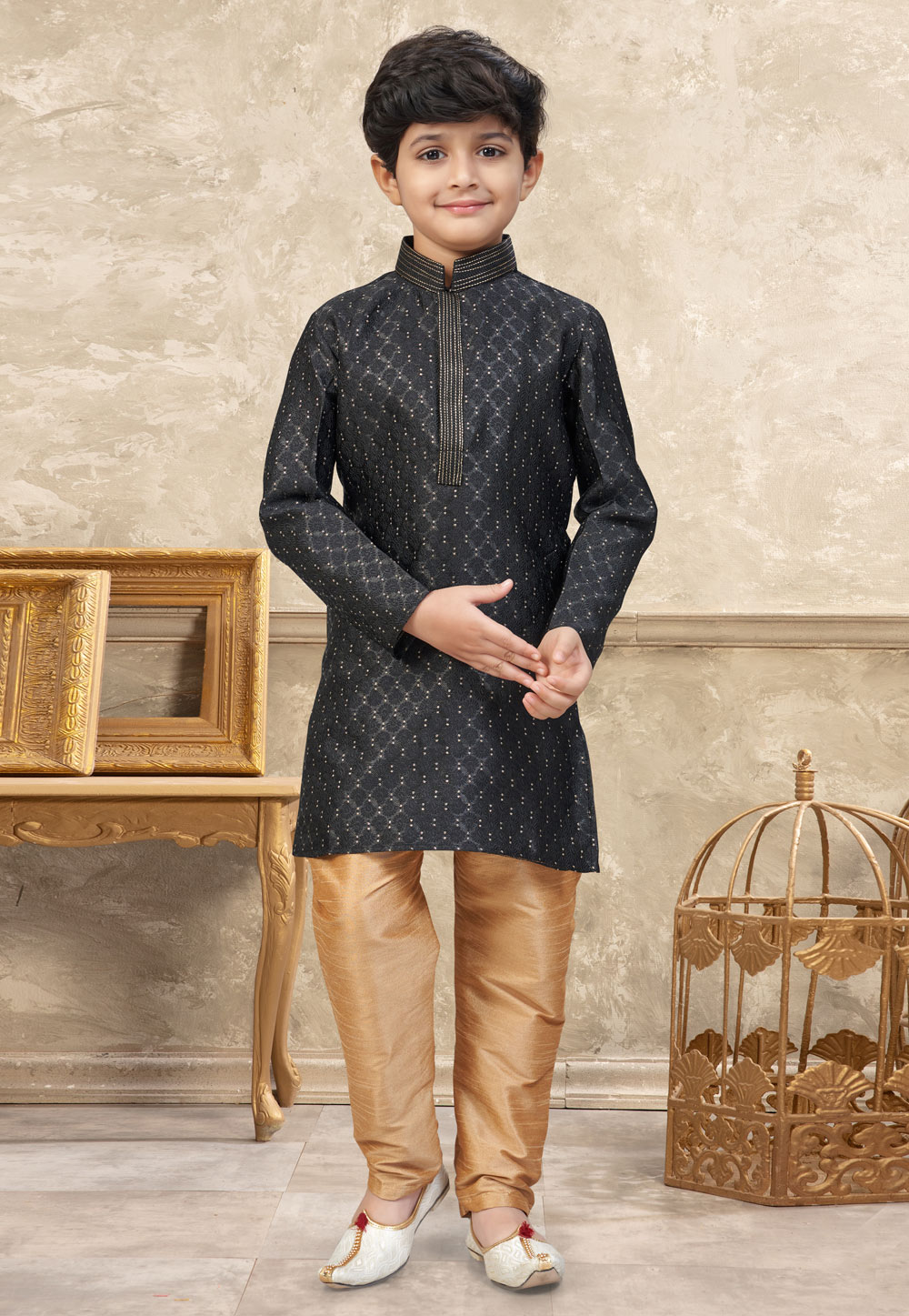 Black Banarasi Jacquard Kids Kurta Pajama 324288