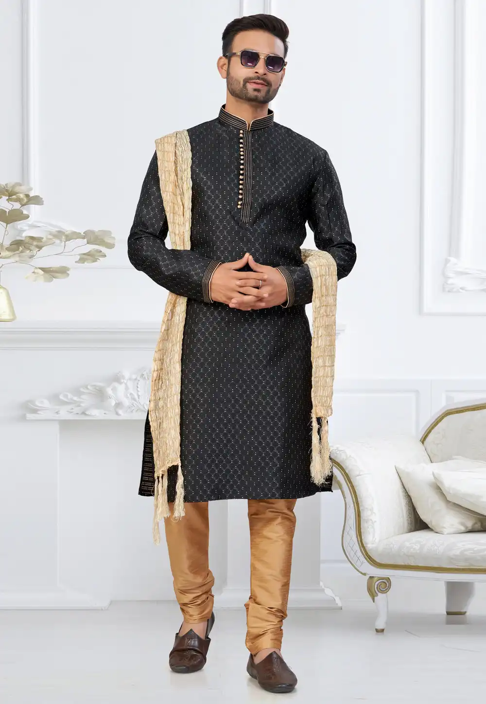Black Banarasi Jacquard Kurta Pajama 317854