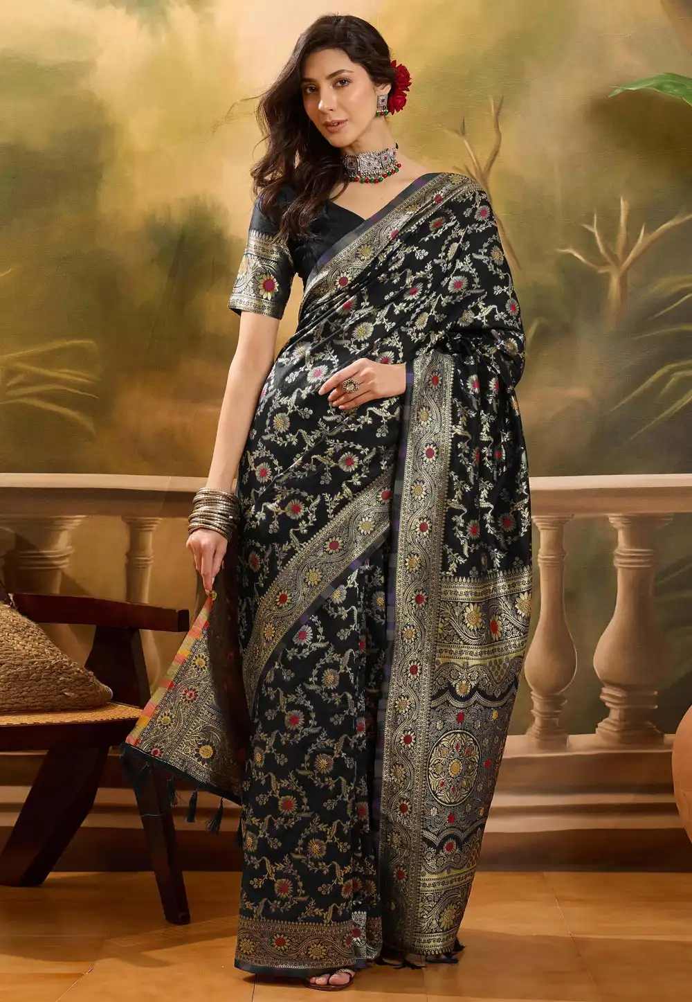 Black Banarasi Jacquard Saree With Blouse 316788