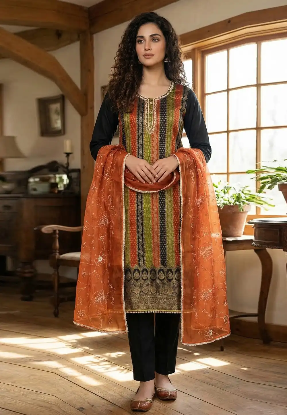 Black Banarasi Jacquard Straight Suit 326108