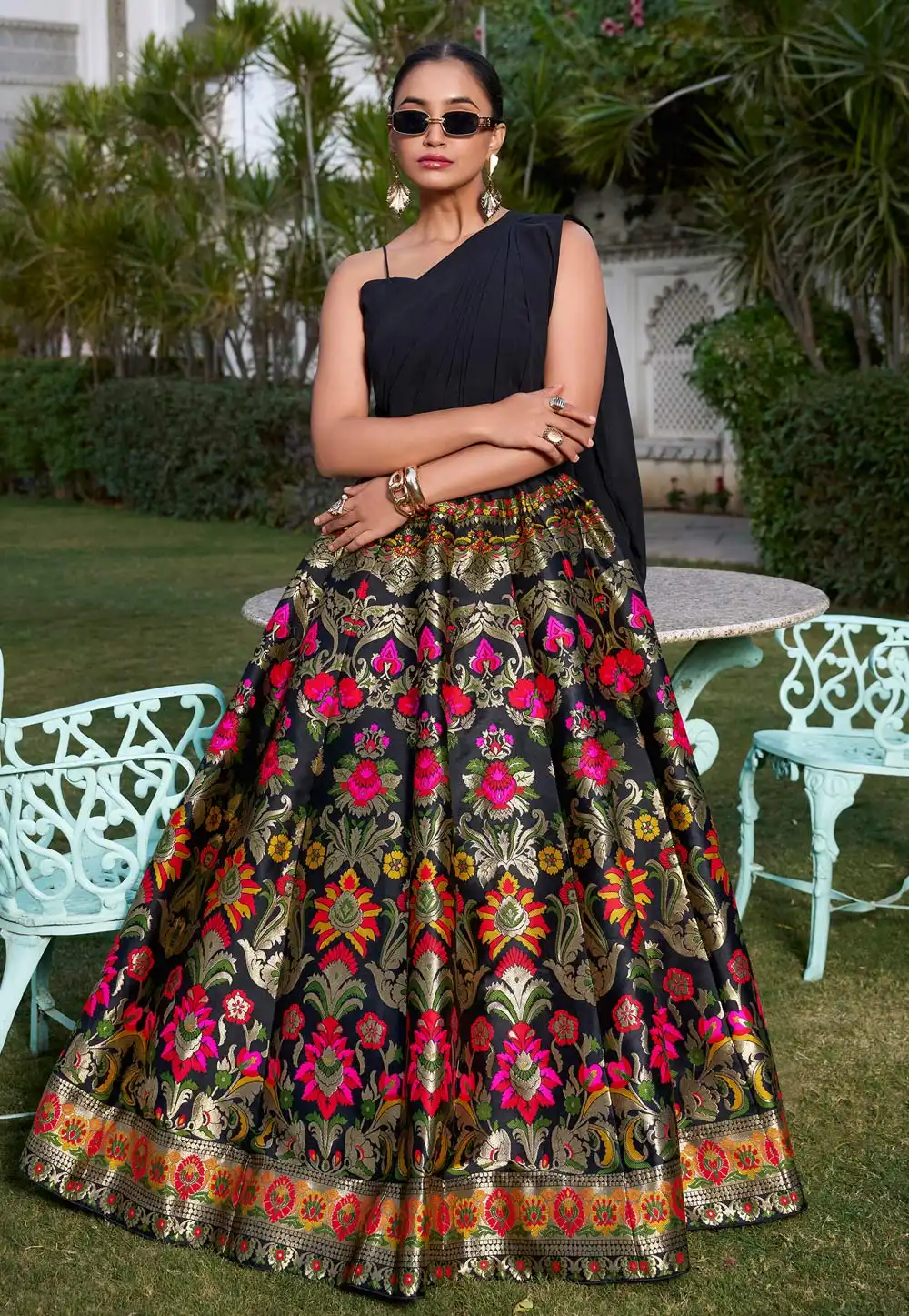 Black Banarasi Silk Designer Lehenga 316285