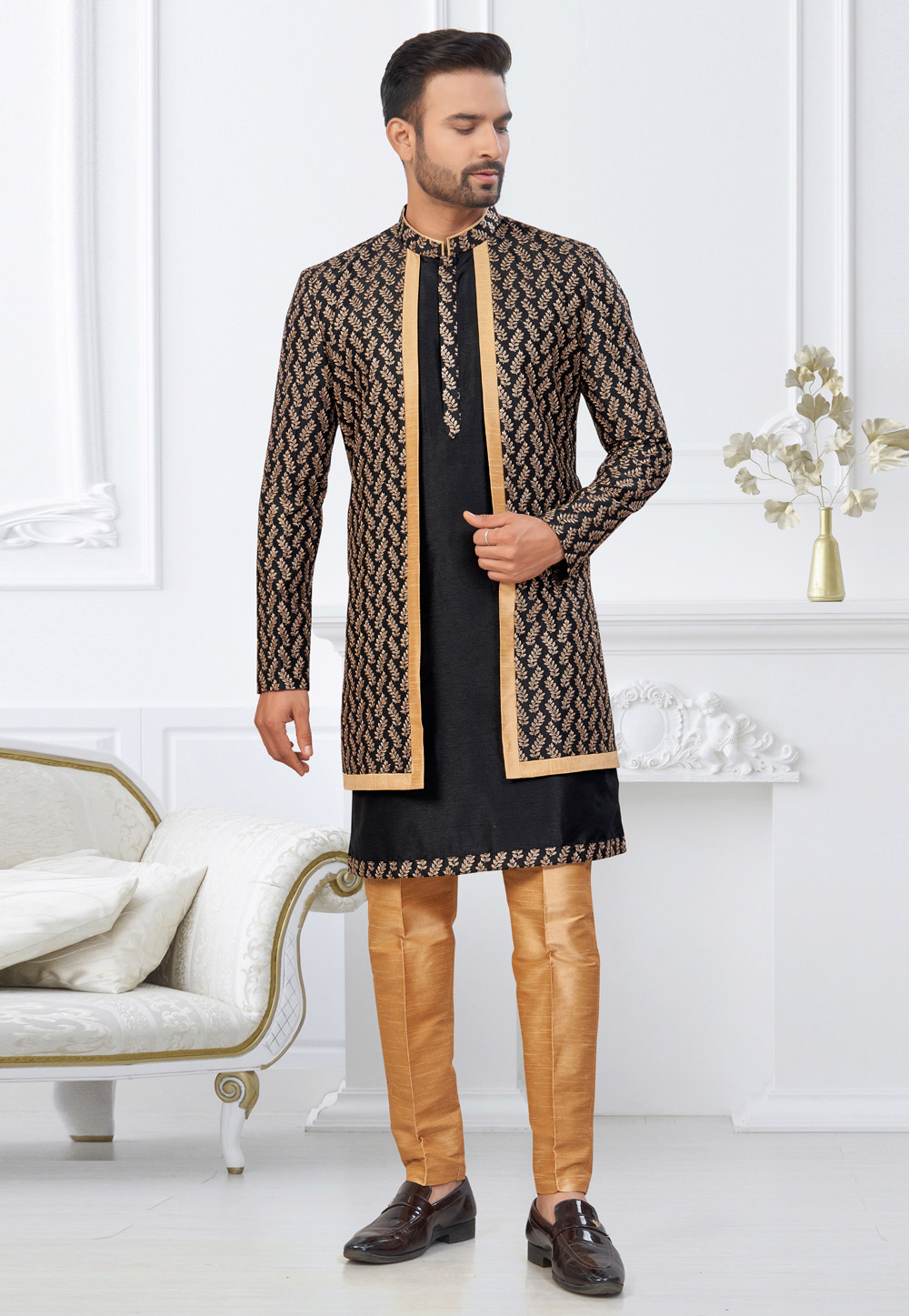 Black Banarasi Silk Indo Western Suit 322879