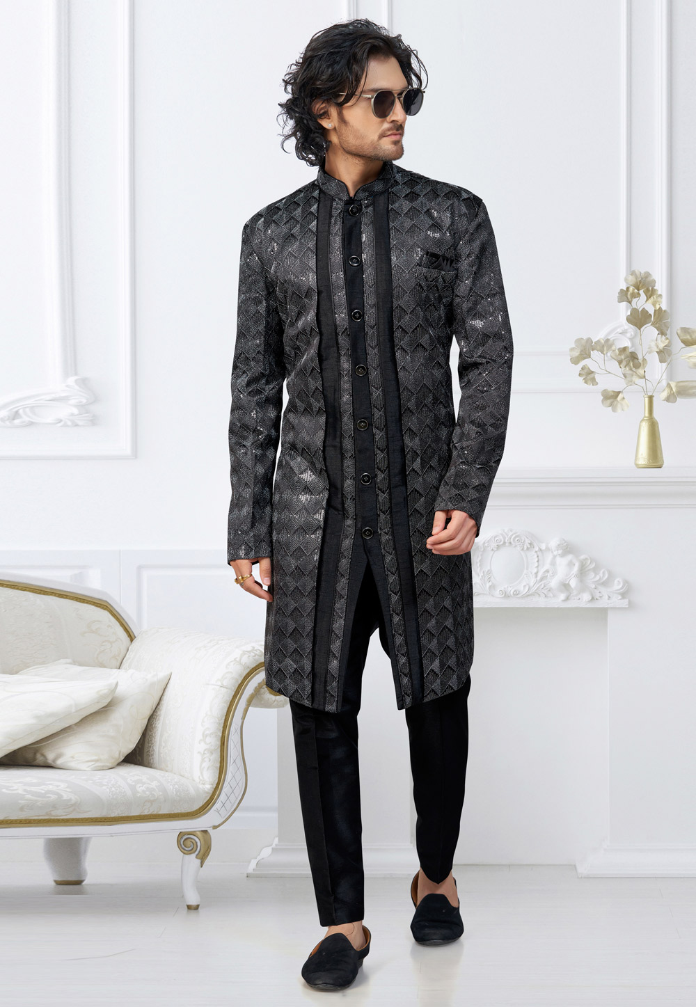 Black Banarasi Silk Indo Western Suit 322882