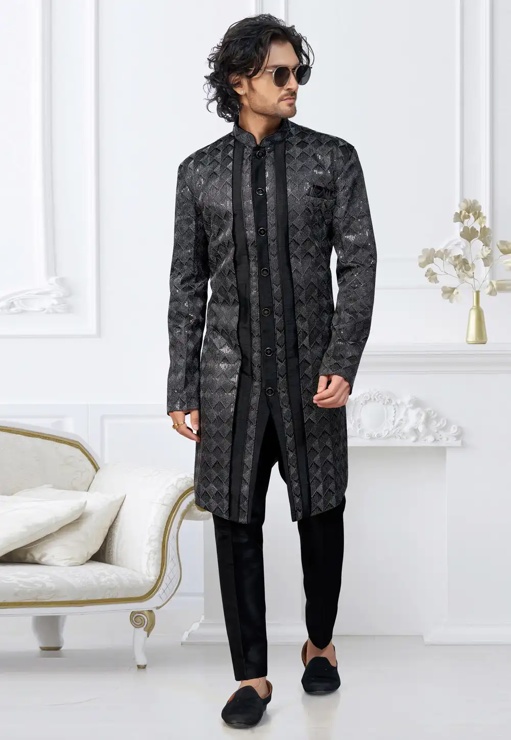 Black Banarasi Silk Indo Western Suit 322882