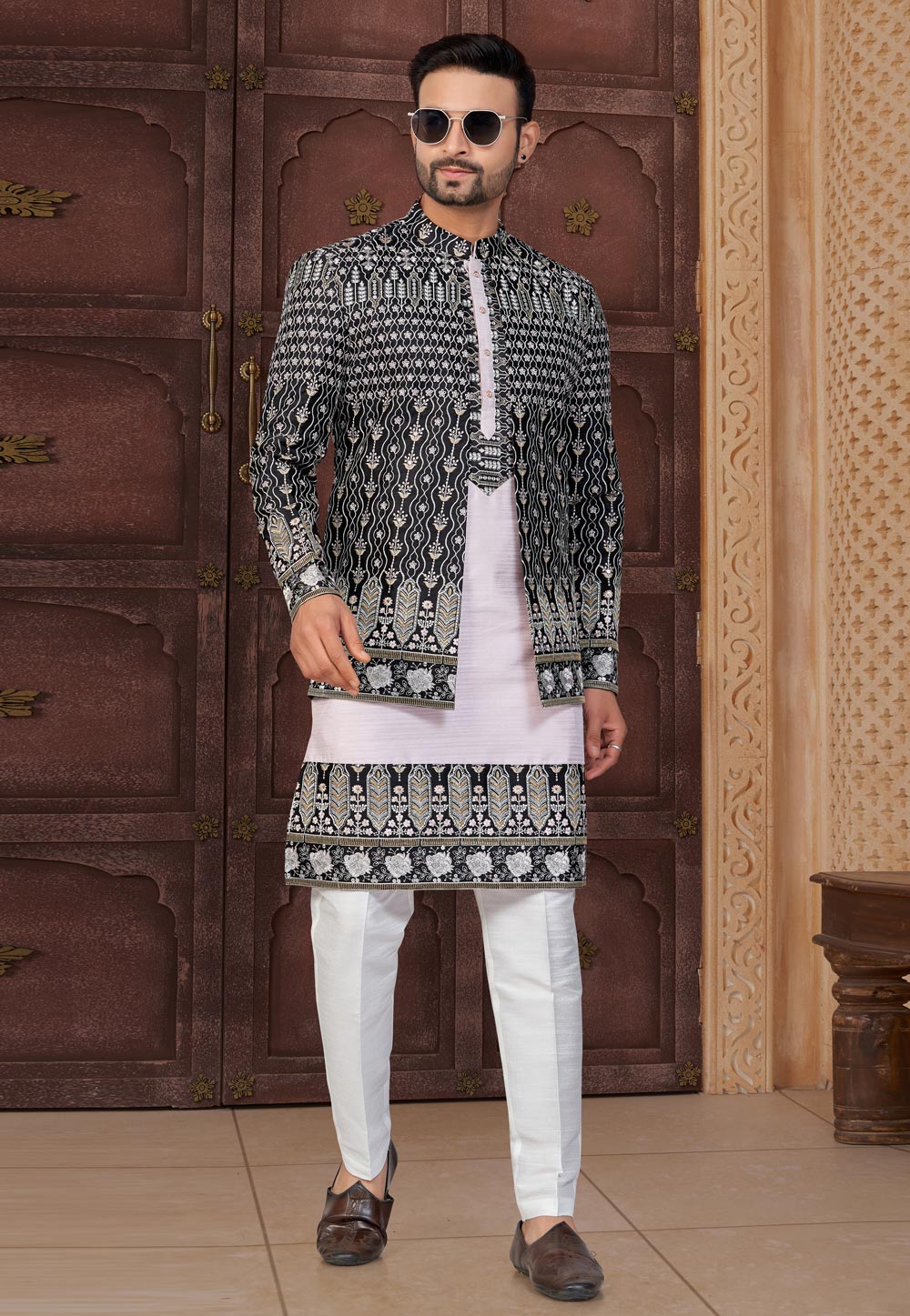 Black Banarasi Silk Indo Western Suit 322888