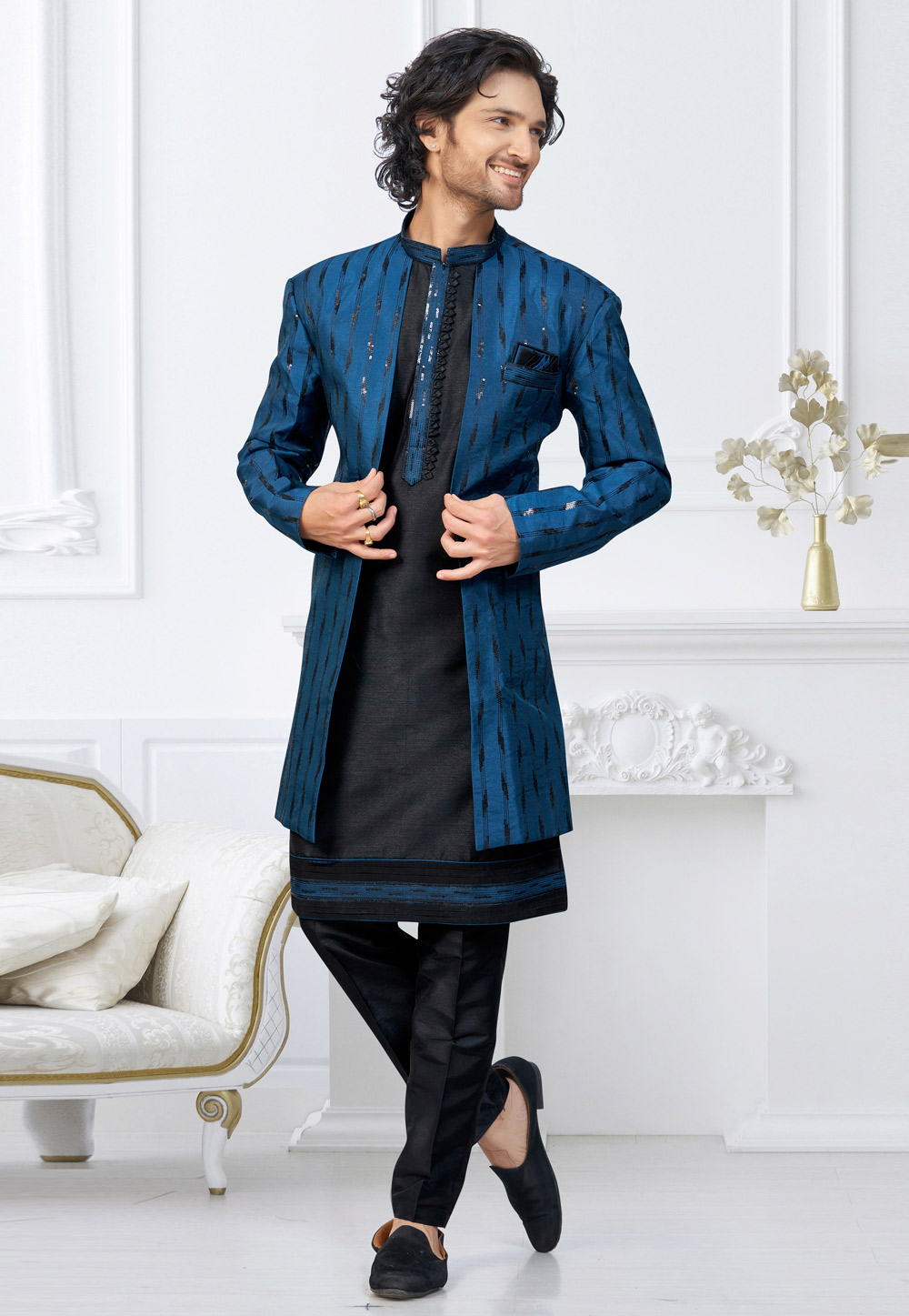 Black Banarasi Silk Indo Western Suit 322892