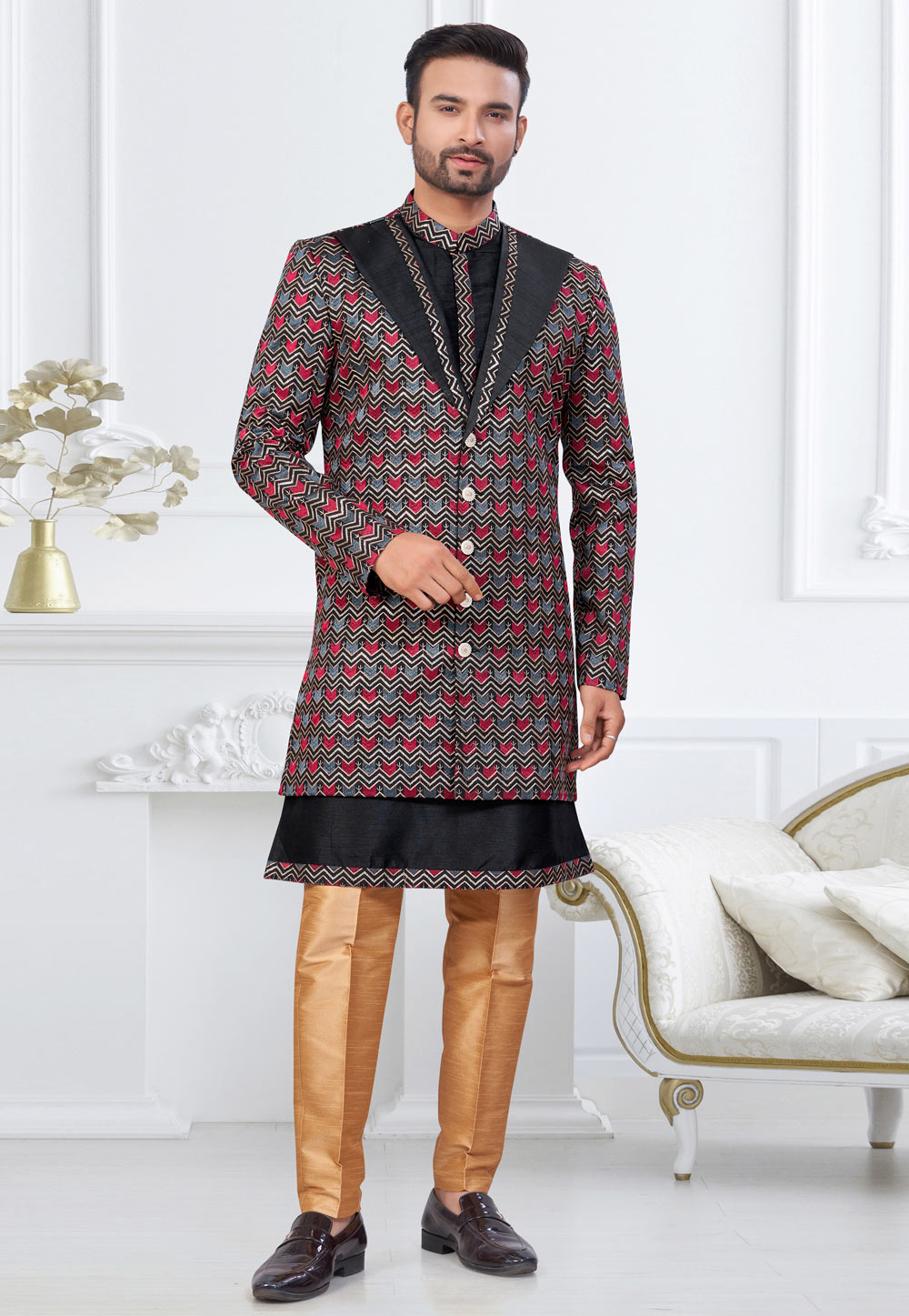 Black Banarasi Silk Indo Western Suit 322900