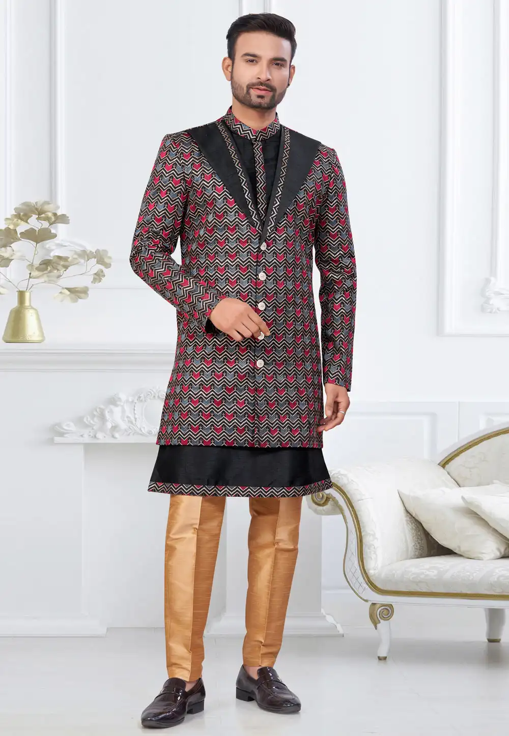 Black Banarasi Silk Indo Western Suit 322900