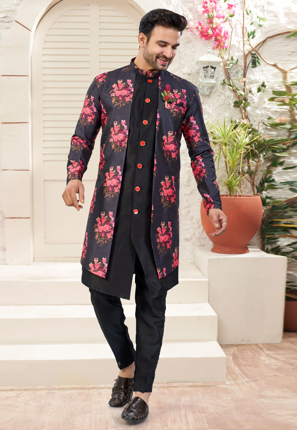 Black Banarasi Silk Indo Western Suit 324623