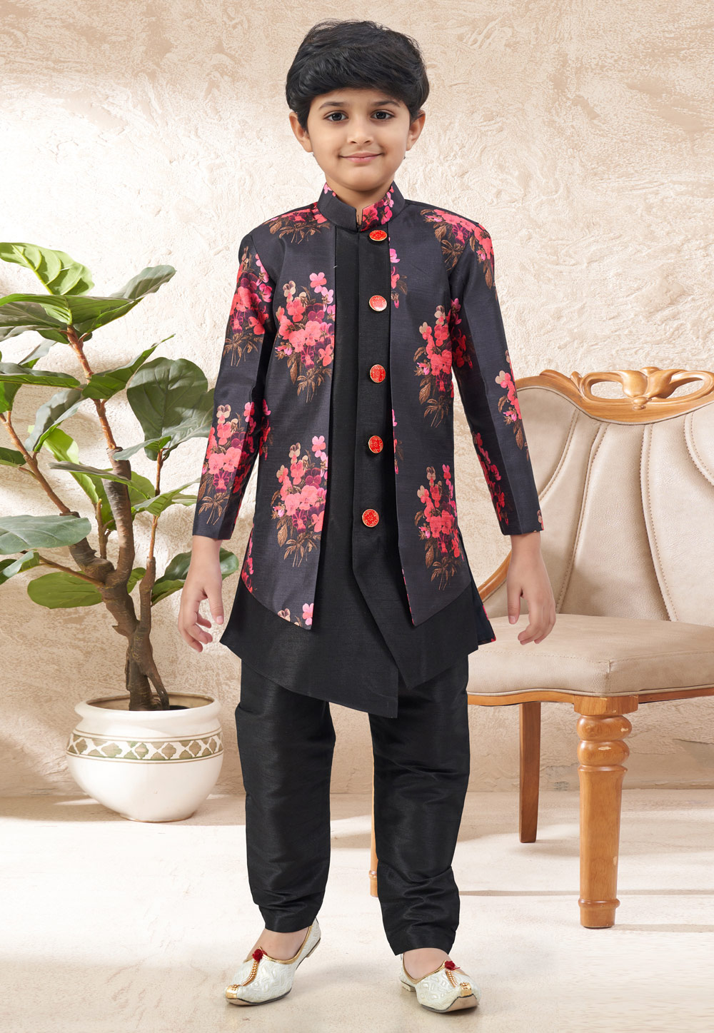 Black Banarasi Silk Kids Indo Western Suit 324263