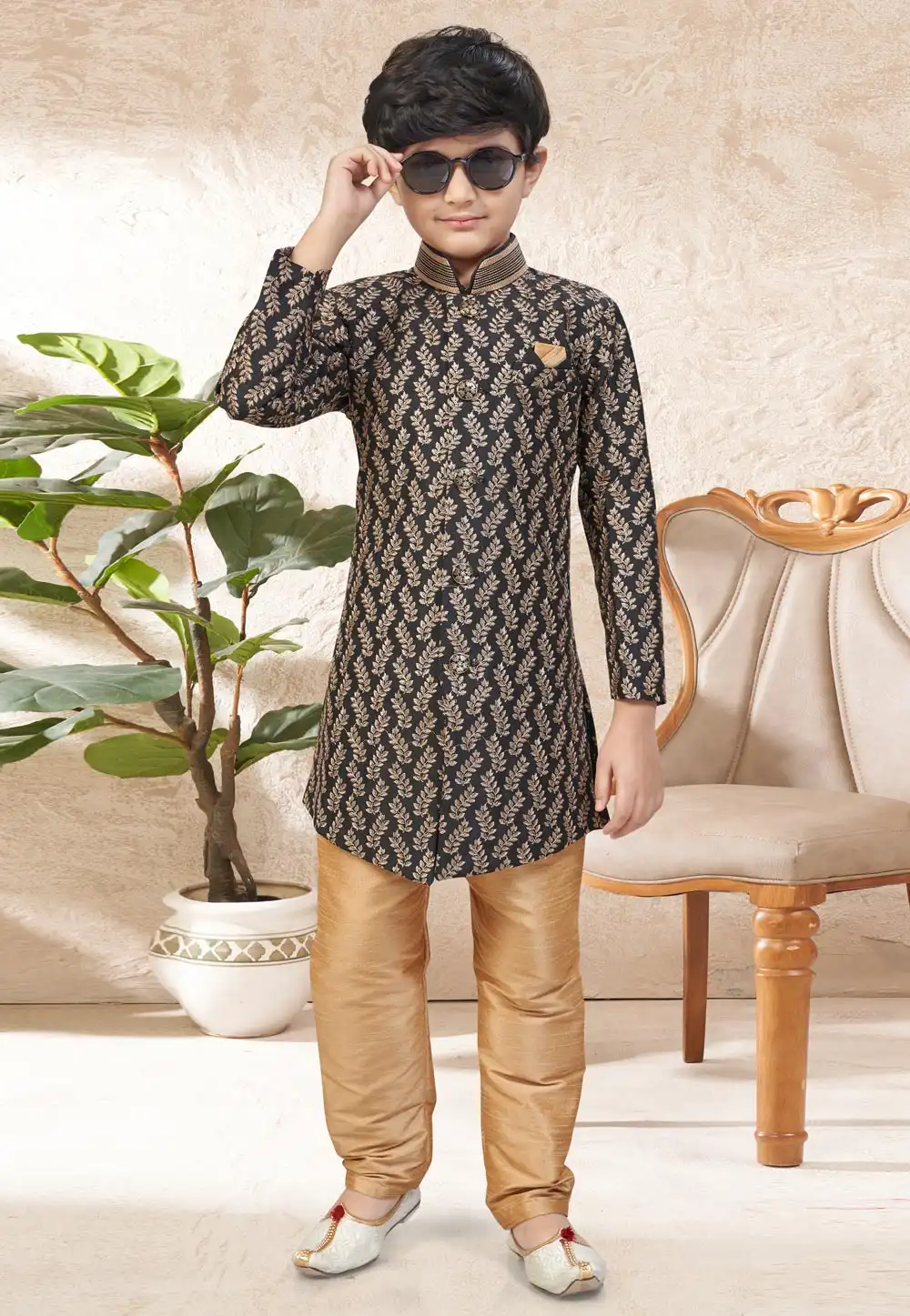 Black Banarasi Silk Kids Indo Western Suit 328700