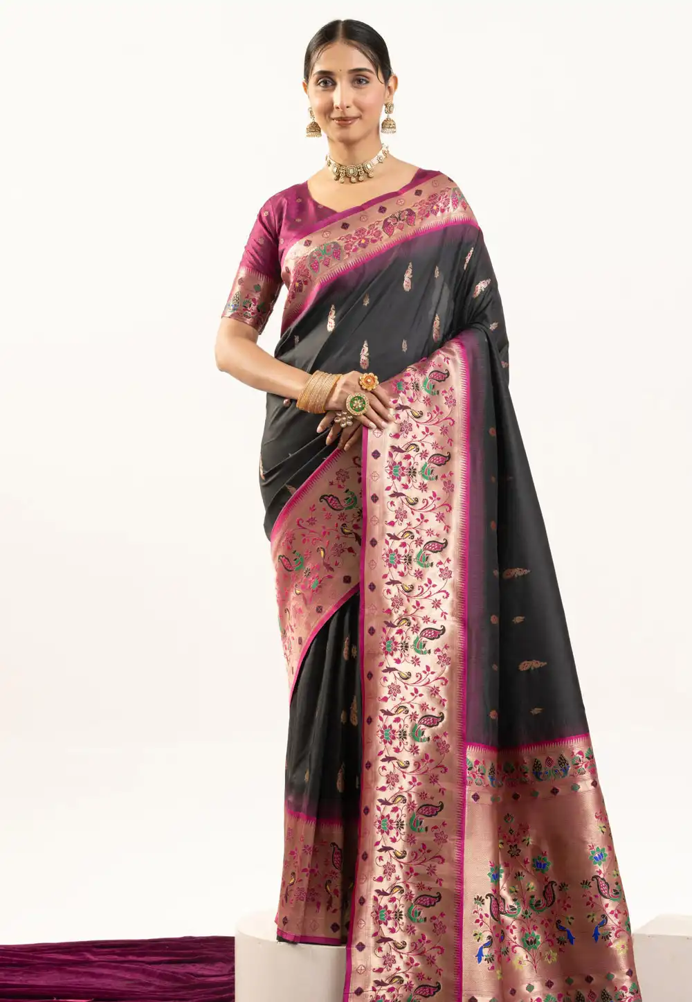 Black Banarasi Silk Saree With Blouse 326010