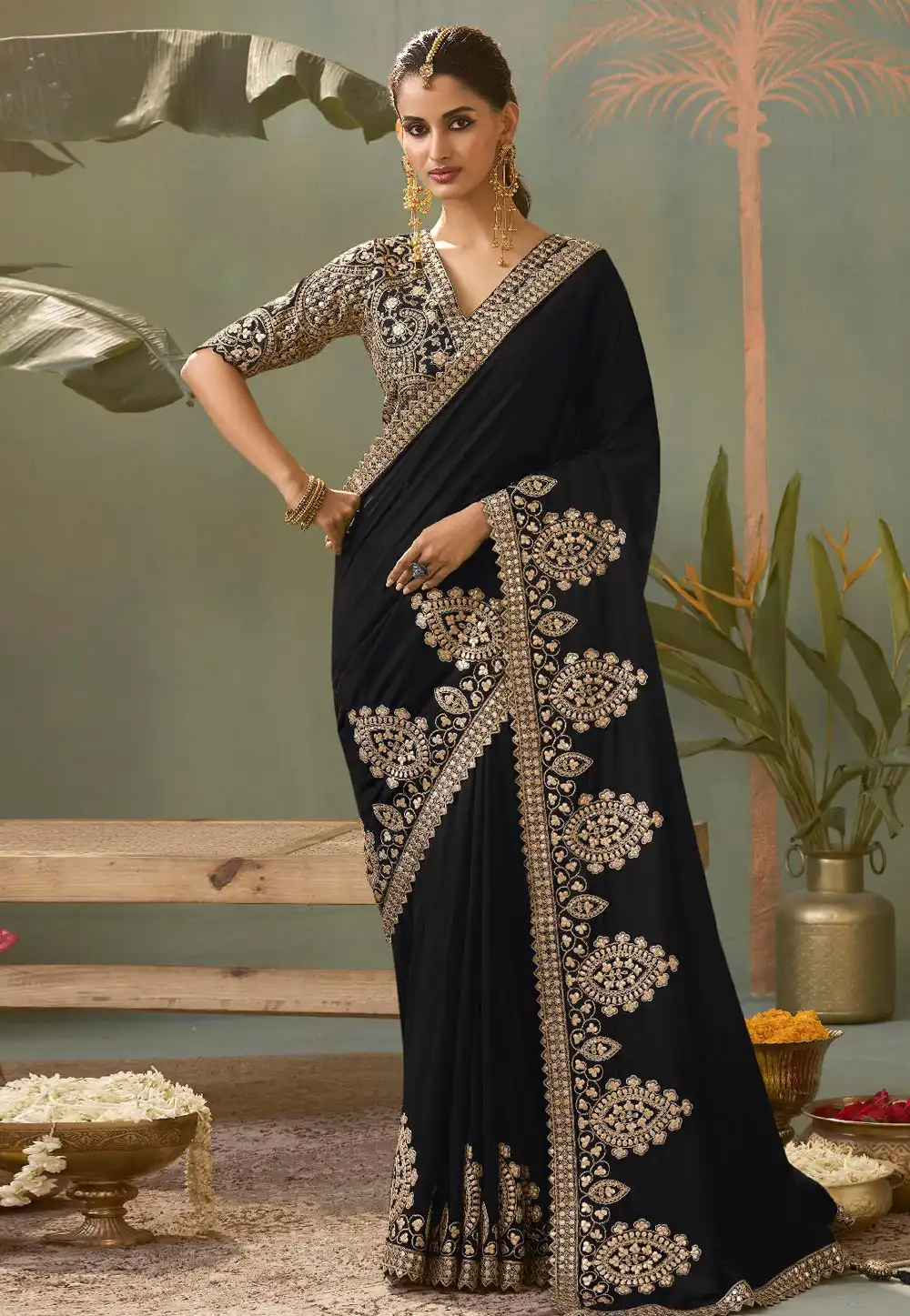 Black Bemberg Saree With Blouse 320179