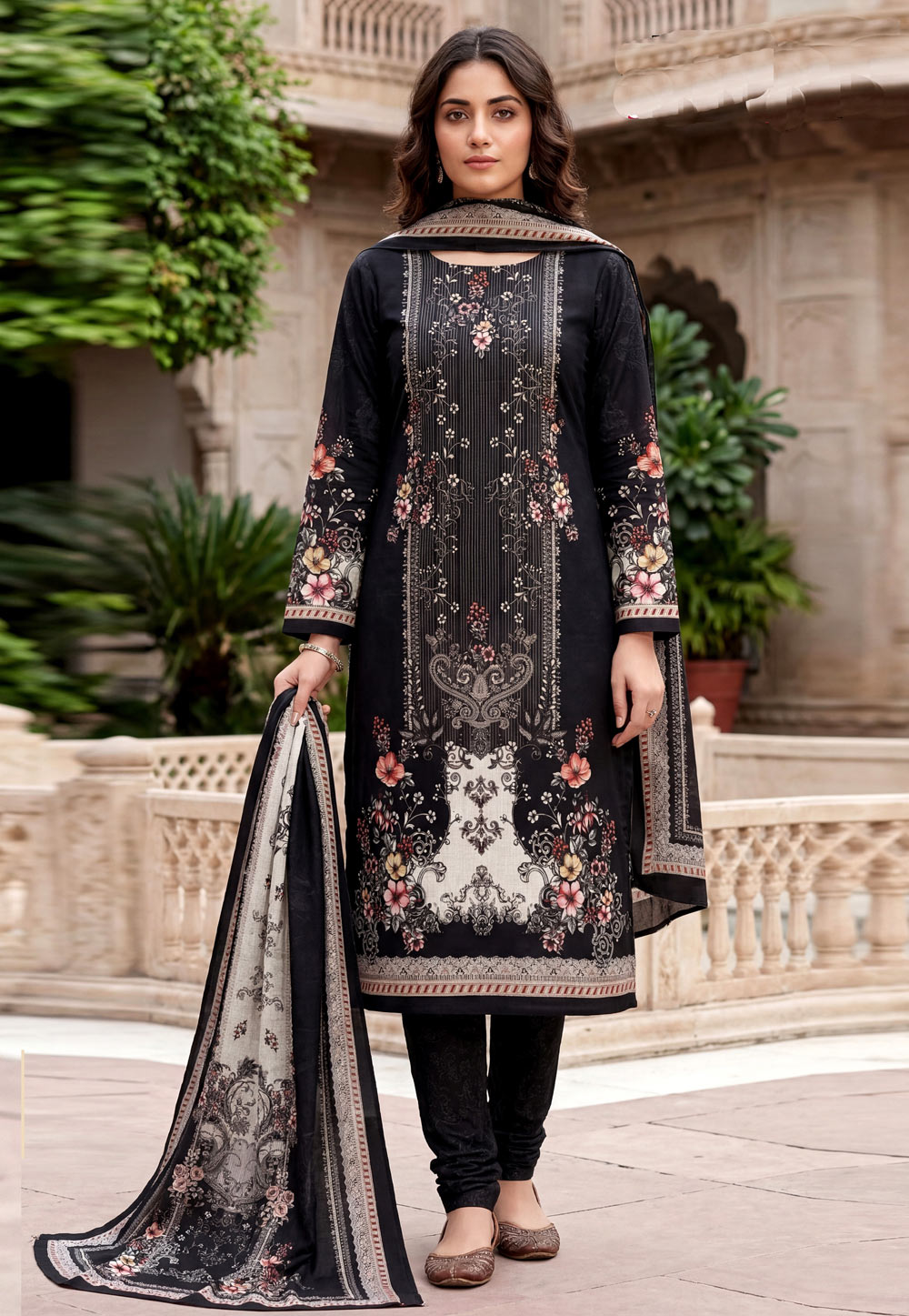 Black Cambric Cotton Churidar Suit 328340