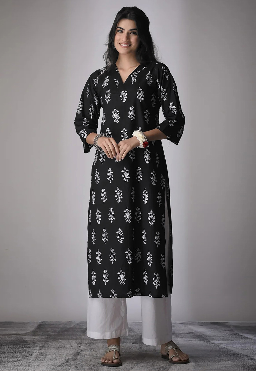 Black Cambric Cotton Printed Long Kurti 328093
