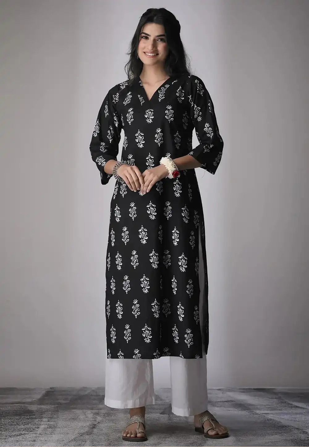 Black Cambric Cotton Printed Long Kurti 328093