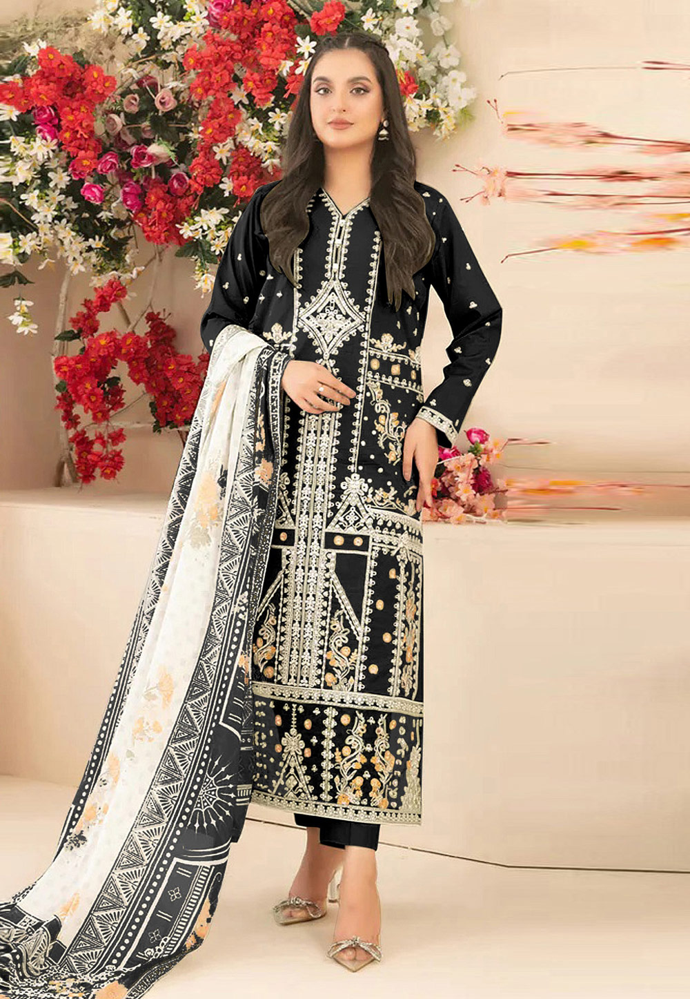 Black Cambric Cotton Straight Suit 320049