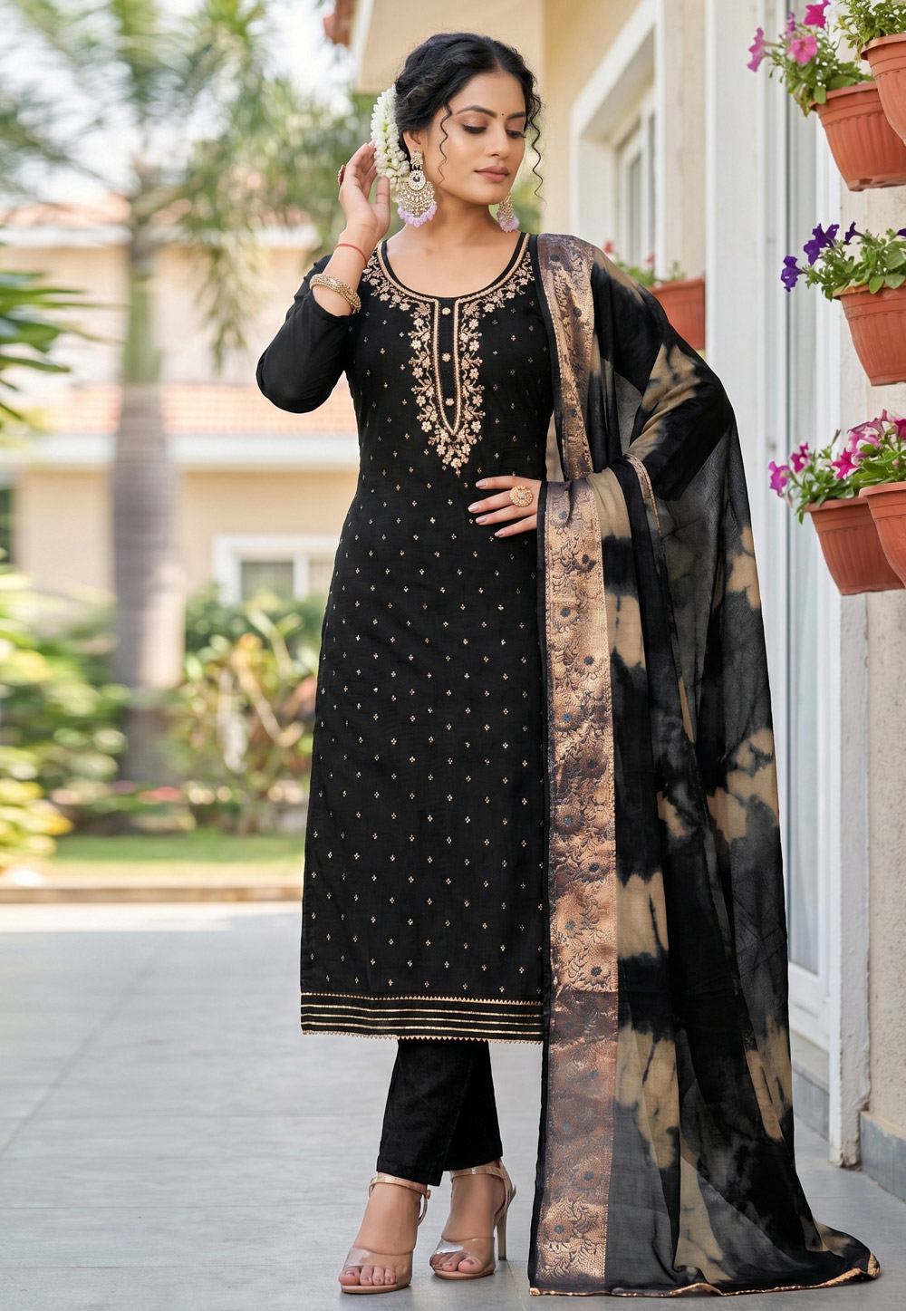 Black Chanderi Cotton Pant Style Suit 327448