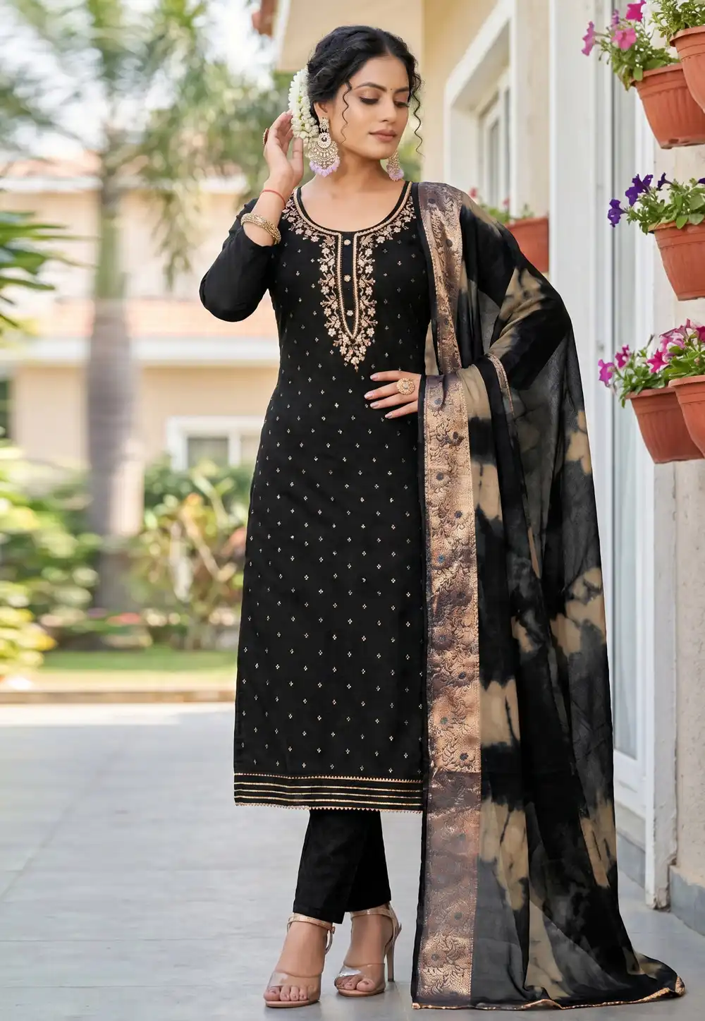 Black Chanderi Cotton Pant Style Suit 327448