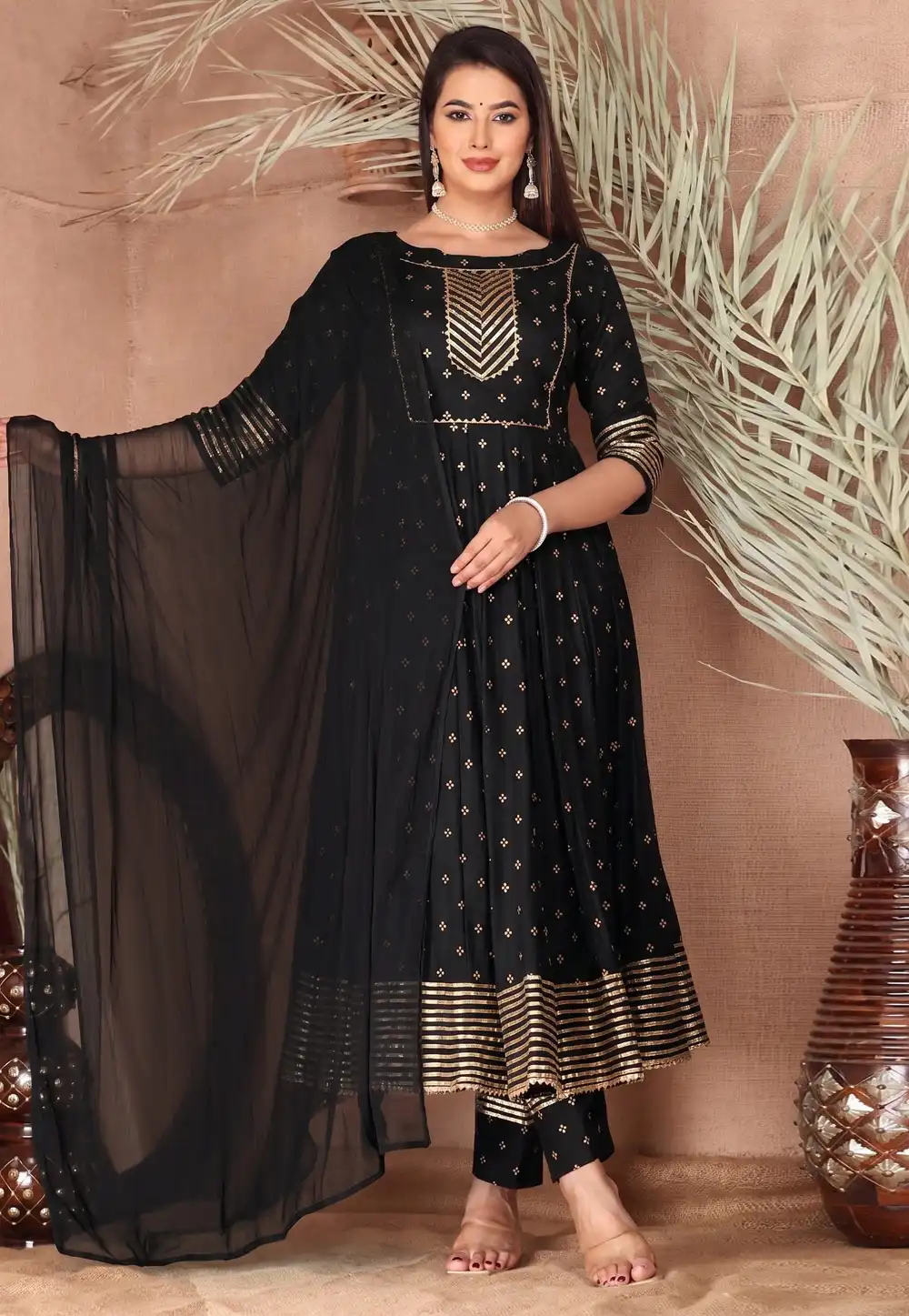 Black Chanderi Readymade Anarkali Suit 330294