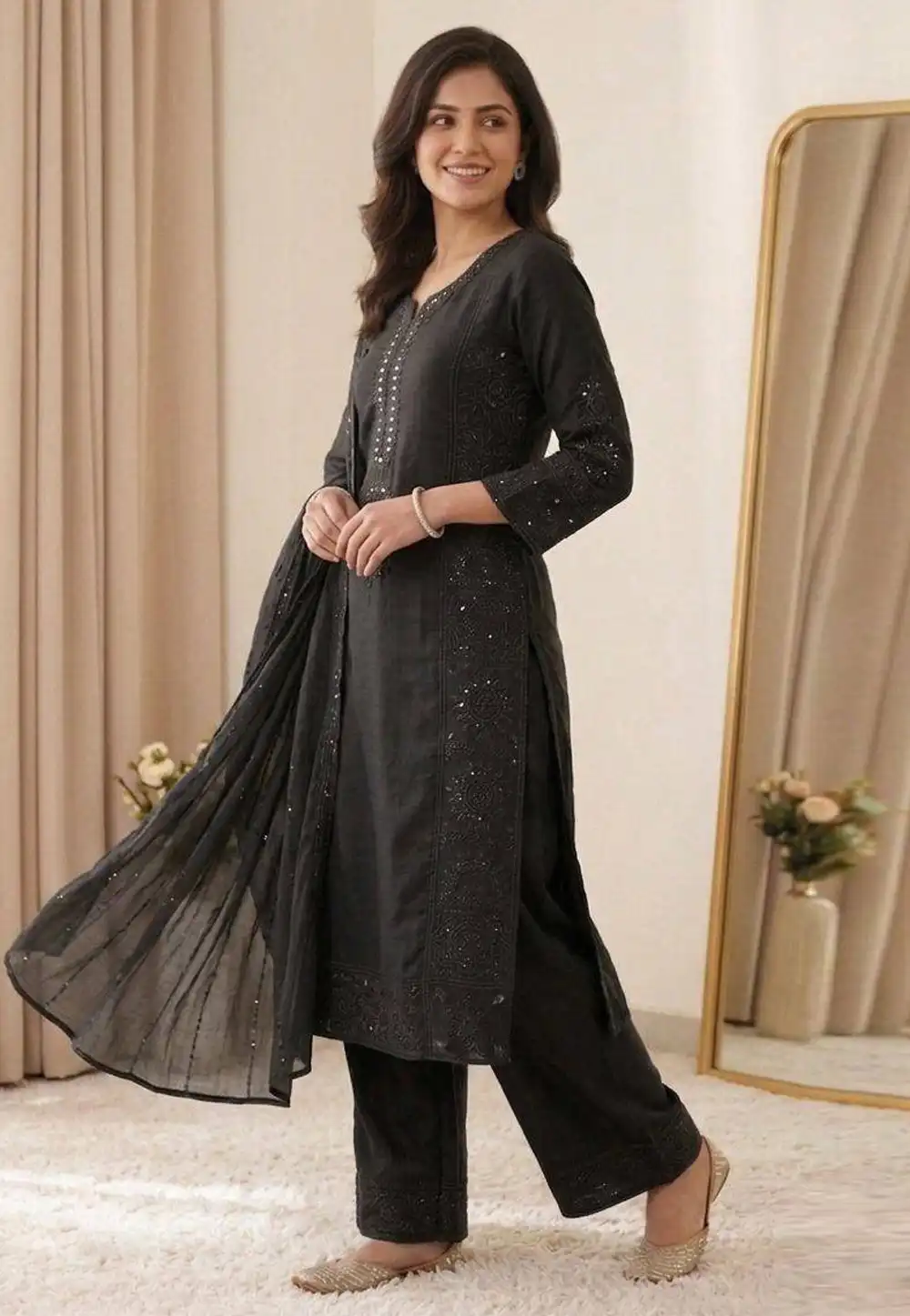 Black Chanderi Readymade Palazzo Suit 330330