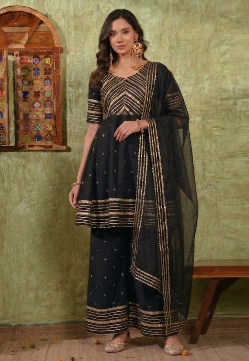 Black Chanderi Readymade Palazzo Suit 328100