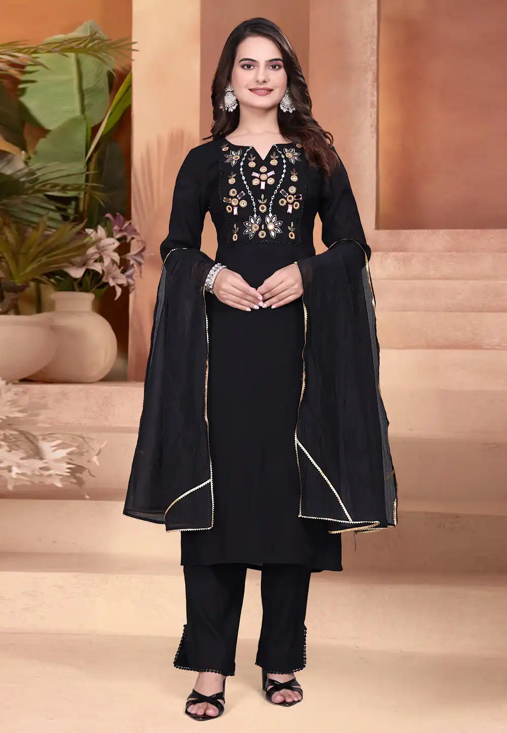 Black Chanderi Readymade Pant Style Suit 321598