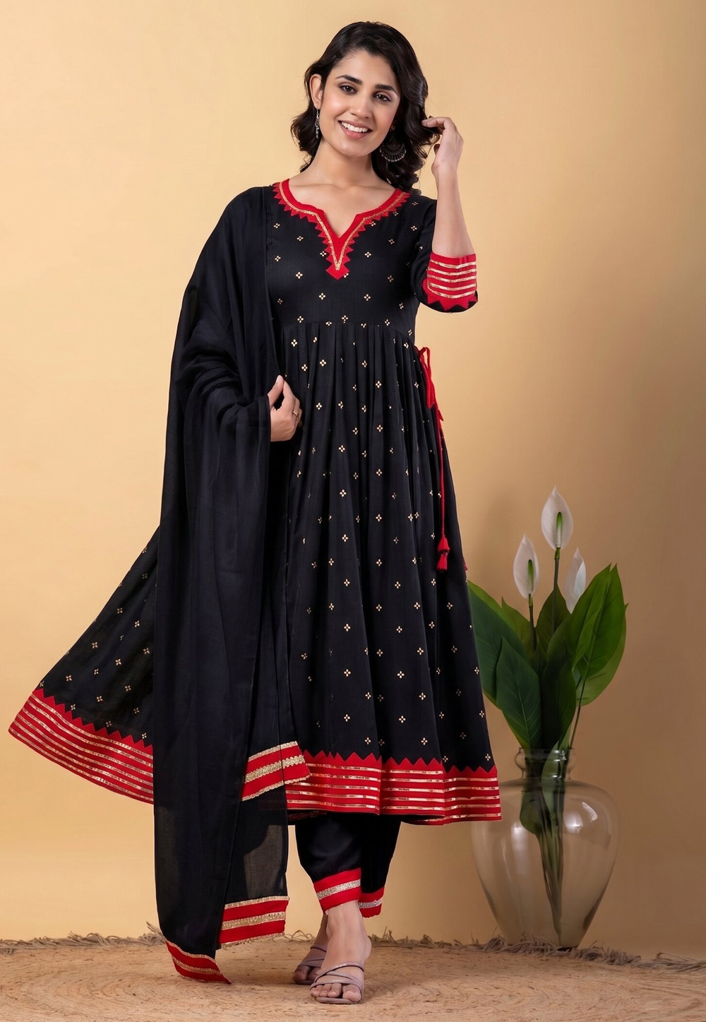 Black Chanderi Readymade Pant Style Suit 330291