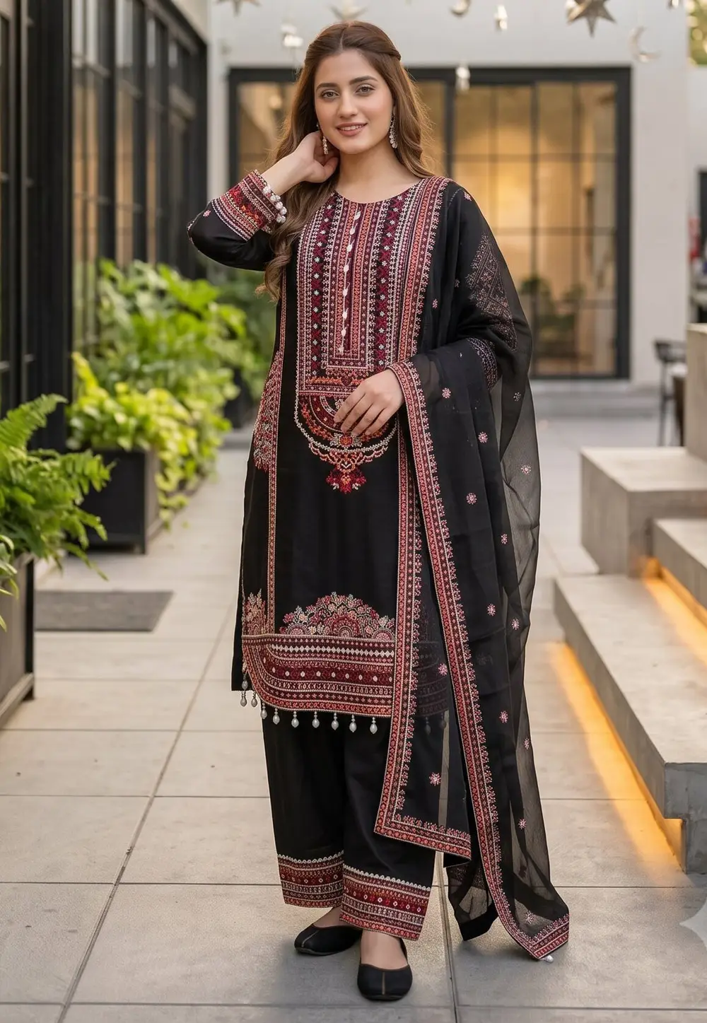 Black Chanderi Readymade Patiala Suit 333706