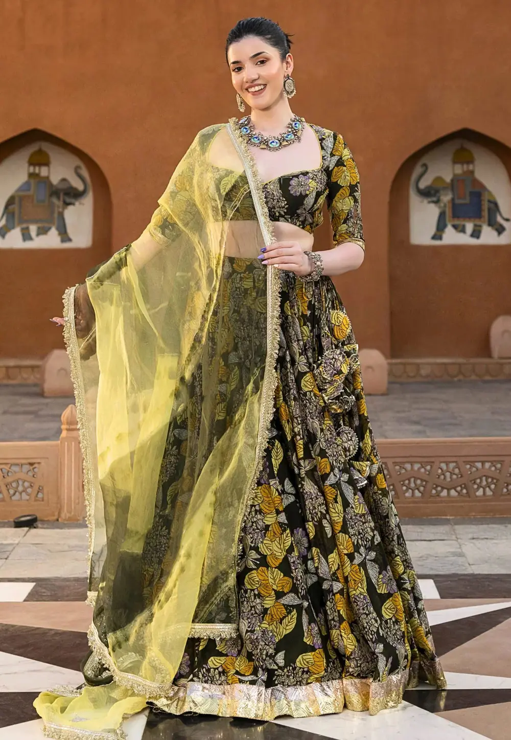 Black Chanderi Silk Floral print Lehenga Choli 333538