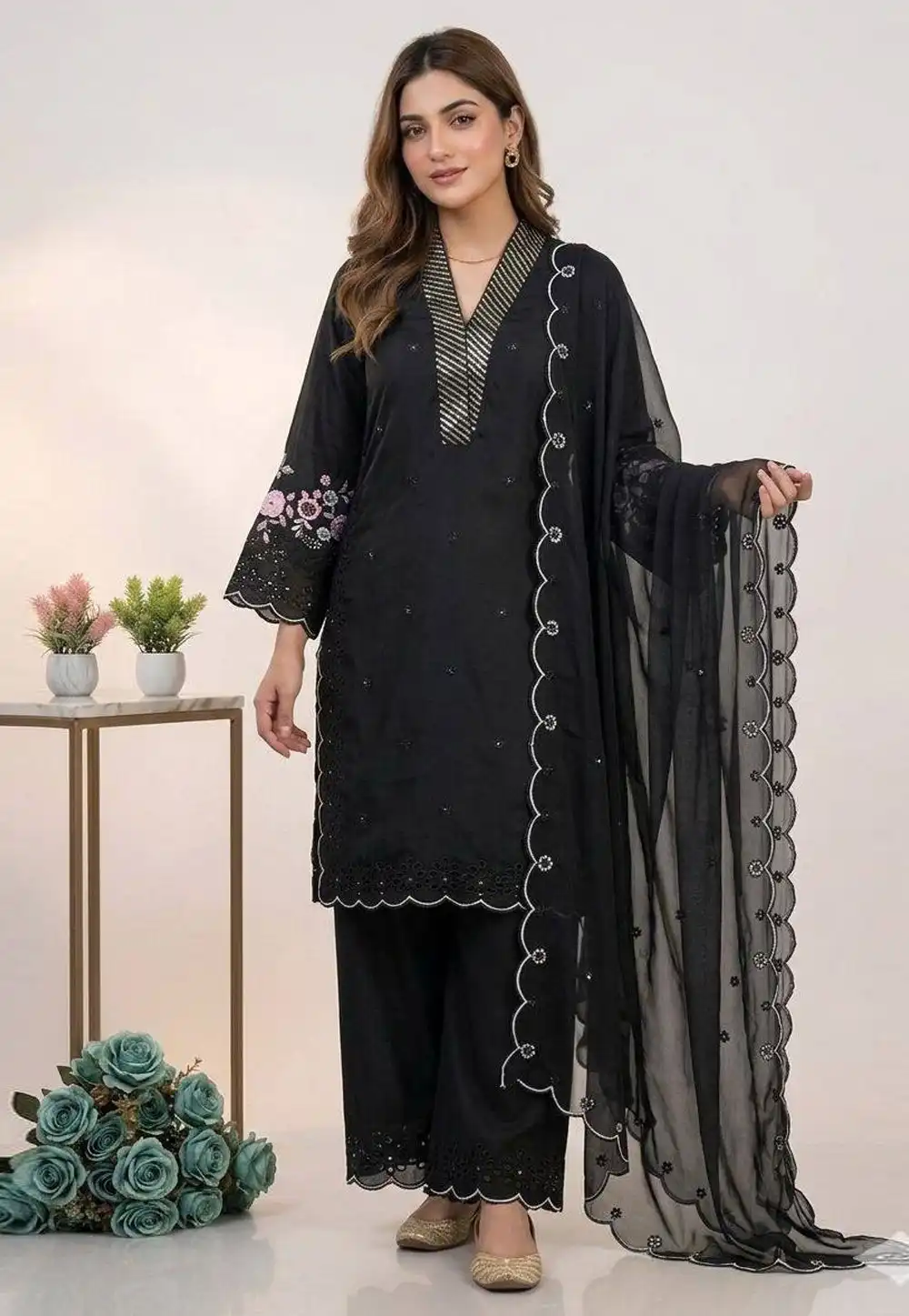 Black Chanderi Silk Readymade Palazzo Suit 329078