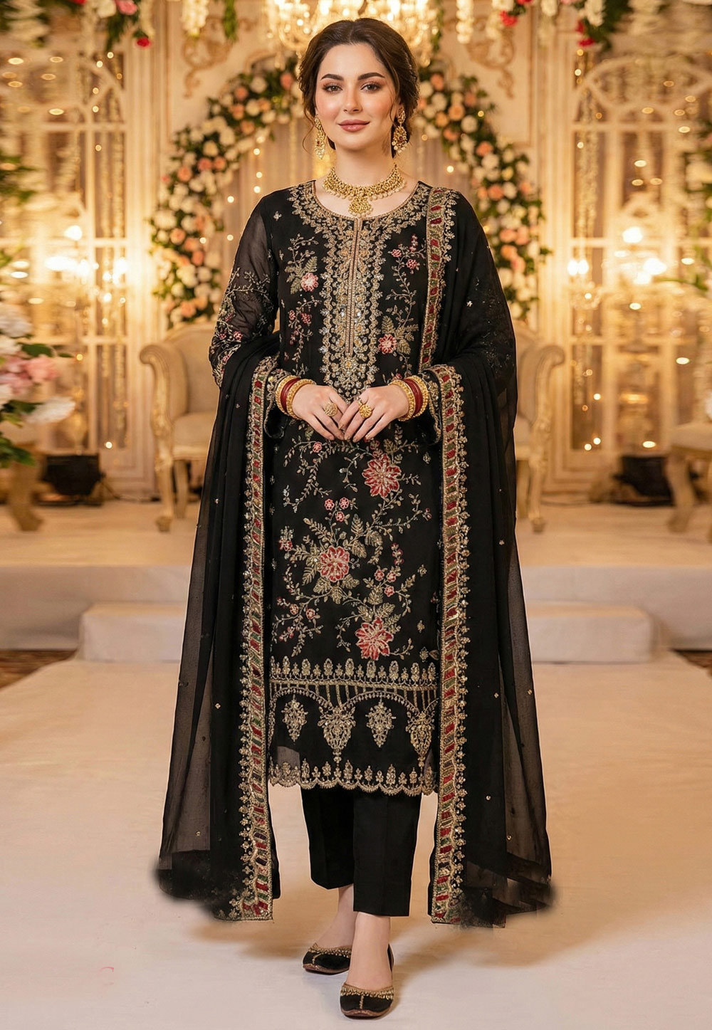 Black Chiffon Embroidered Pant Style Suit 326133