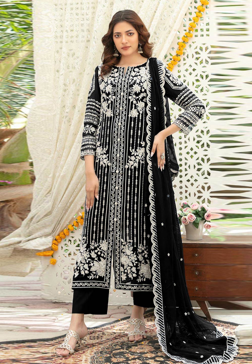 Black Chiffon Pant Style Suit 329675