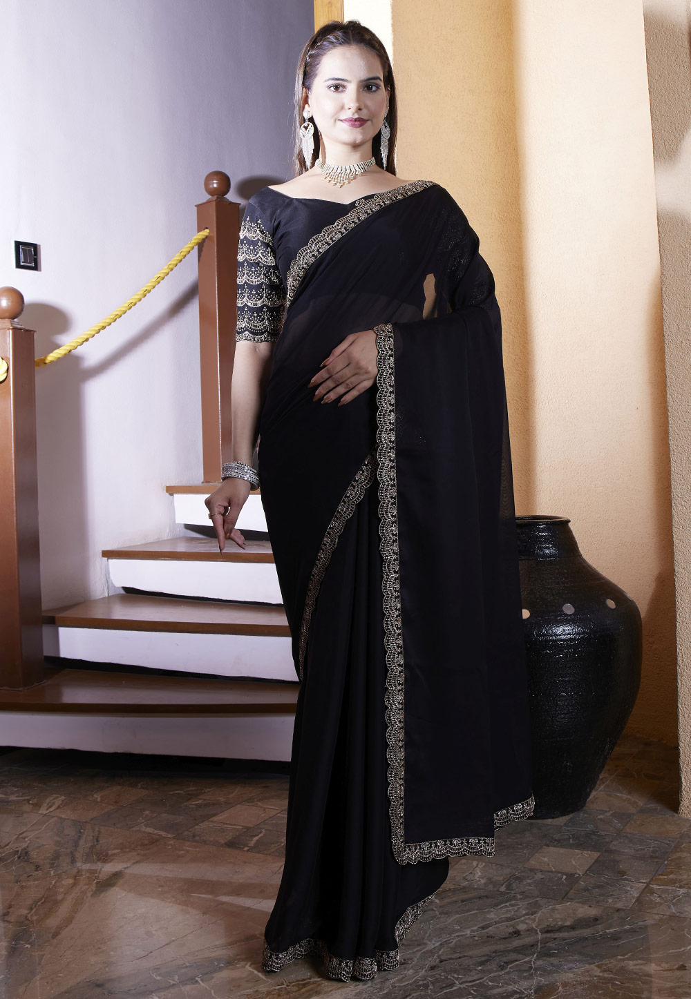 Black Chiffon Saree With Blouse 311488